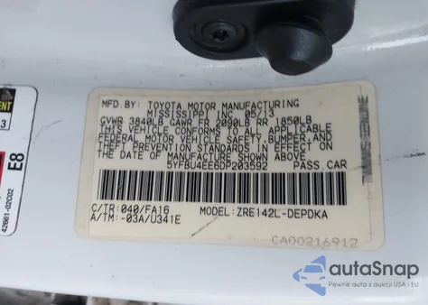 2013 Toyota Corolla L z USA, uszkodzony, nr VIN 5YFBU4EE6DP203592